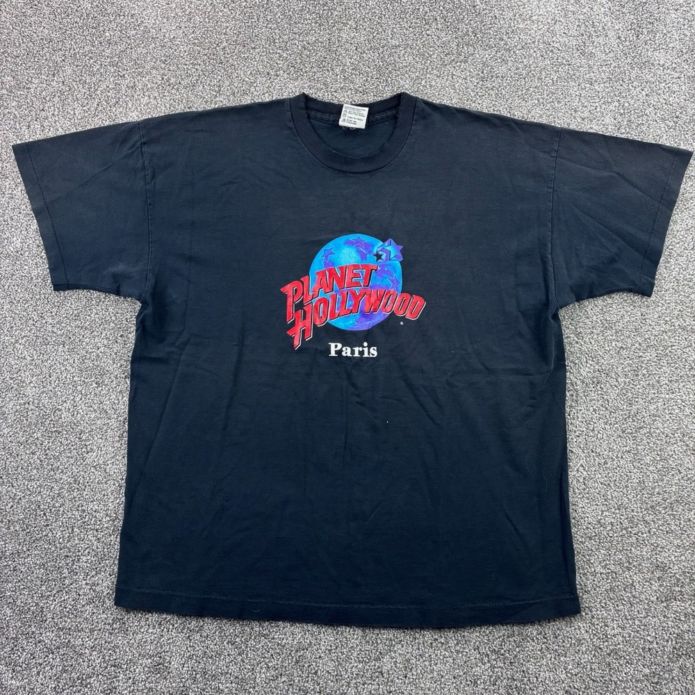 Vintage Planet Hollywood Paris Shirt Mens 2XL Black Distressed 90s Promo
